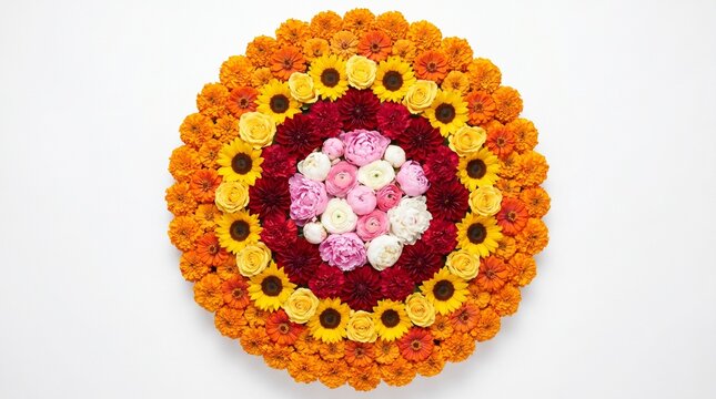 Closeup of an Onam pookalam or Athappokkalam,( floral carpet)typical flower decoration of Kerala