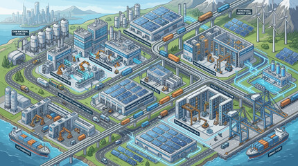 Fototapeta premium Isometric illustration of a modern industrial manufacturing complex.