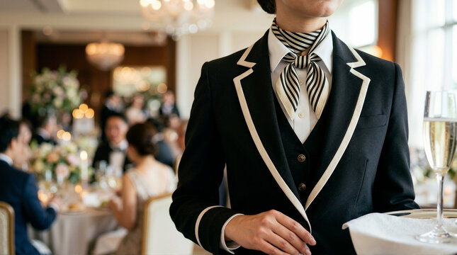 Close up of a female banquet server in a formal uniform holding a champagne glass. Professional catering staff at an elegant wedding reception event