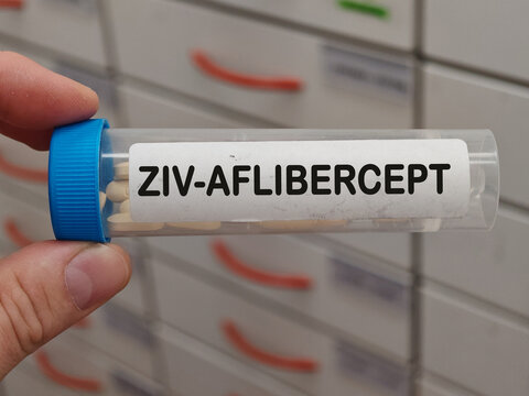 Transparent plastic Box of ZIV AFLIBERCEPT tablets on a hospital pharmacy table used to treat cancer a VEGF trap fusion protein.