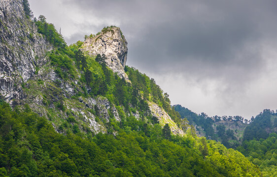 View of Grebaje Valley with dramatic limestone cliffs, lush green forest slopes, and a cloudy sky in Grebaje, Opstina Gusinje, Montenegro.