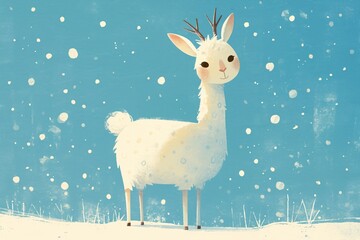 Obraz premium Cute llama with deer antler standing in falling snow. Funny vintage farm animal illustration for holiday greeting card design. Winter fantasy art with whimsical forest character.
