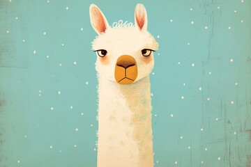 Fototapeta premium Cute lama portrait illustration in vintage style. Funny farm animal artwork with textured blue background. Childish nursery wall decor drawing of friendly llama for creative design.