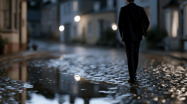 A lone founder walks rain-soaked cobblestone streets at midnight, silhouette reflected in puddles, carrying a rolled-up pitch deck under one arm and a term sheet stamped declined