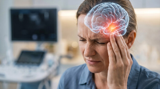Woman Suffering From Headache With Brain Anatomy Overlay and Neurological Pain Concept