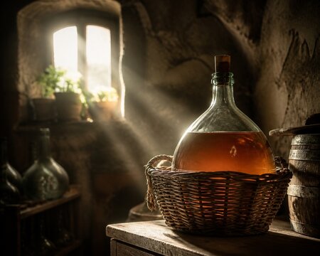 Sunlight through a cellar window illuminates an amber-filled glass demijohn in a wicker basket.
