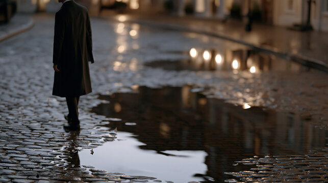 A lone founder walks rain-soaked cobblestone streets at midnight, silhouette reflected in puddles, carrying a rolled-up pitch deck under one arm and a term sheet stamped declined