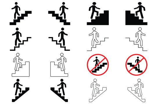 Set of 16 Stairs up and down icon vector, with men.  Walking up staircase or stairs sign. 