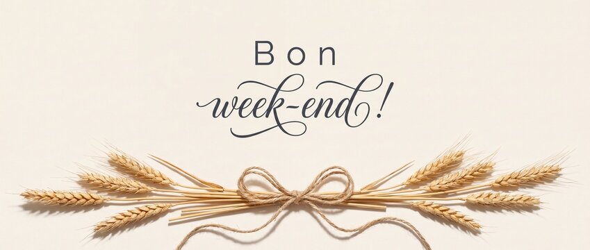 Bon week-end French greeting text decorated with rustic dried ears of wheat tied in a twine bow on a minimalist beige background, celebrating cozy autumn weekend vibes and warm wishing card design.