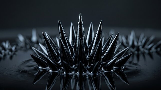 Macro close-up of glossy black metallic ferrofluid forming sharp spikes under a magnetic field against a dark background