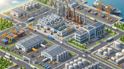 Fototapeta premium Isometric view of a modern industrial manufacturing facility with logistics and shipping infrastructure.
