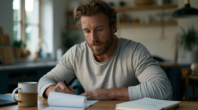 An exhausted startup founder traces a churned user graph printed on thermal paper at a bare kitchen table in a modest home, a cold mug of coffee beside a notebook scrawled with
