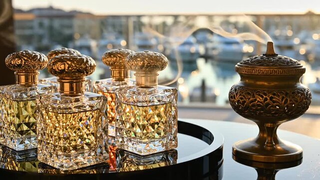 Luxury Perfume Bottles & Incense Burner with Yachts Marina Background