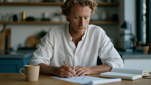 An exhausted startup founder traces a churned user graph printed on thermal paper at a bare kitchen table in a modest home, a cold mug of coffee beside a notebook scrawled with