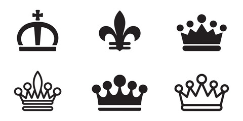 Collection of various royal crown silhouettes and heraldic symbols including fleur de lis isolated on white background. © Md