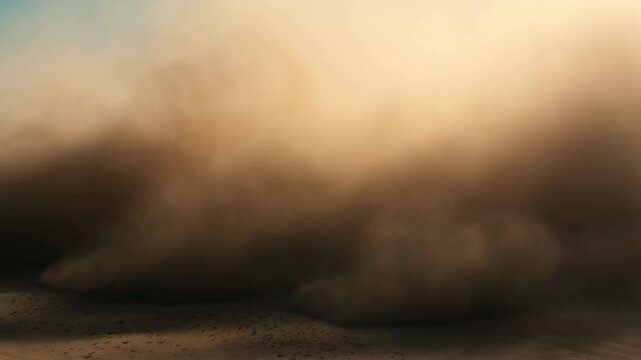 Armored convoy crossing sunlit desert toward towering sandstorm under pale cyan sky
