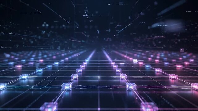 Digital technology creates glowing network cube grid symbolizing global connectivity and data points linked in futuristic design showcasing advanced digital communication and network technology