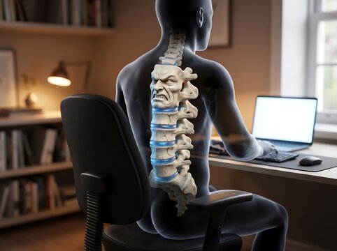 Conceptual Illustration of Back Pain and Office Syndrome with a Glowing Spine and Angry Face Representing Spinal Discomfort While Working at a Desk
