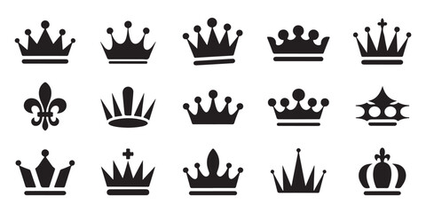 Black crown icons set on white background collection of royal headgear silhouettes luxury symbols for king queen. © Md