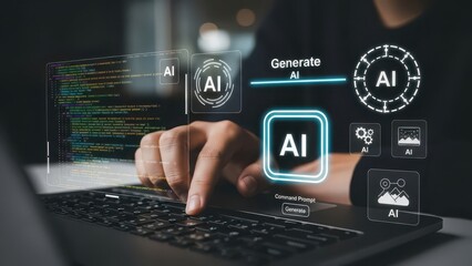 Fototapeta premium Person using laptop with AI technology interface and futuristic digital graphics