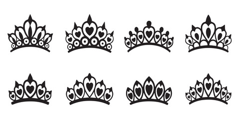 Collection of delicate tiaras with heart and floral motifs for princess parties and fashion. © Md
