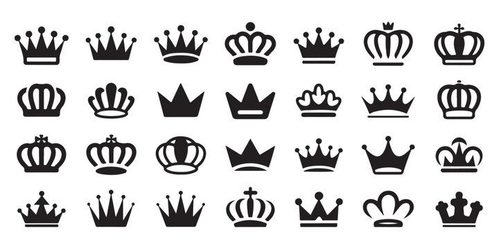 Diverse collection of simple and ornate crowns symbolizing power authority and sovereignty.