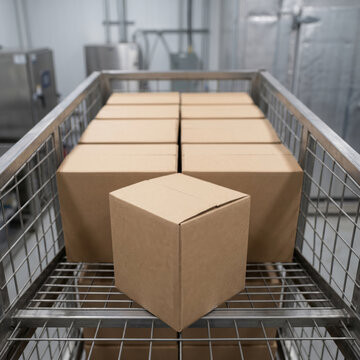 Perfect stack layout of premium generic unbranded retail steak packaging box units inside blast freezer rack system