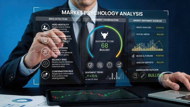 Businessman analyzing stock market data on a digital holographic interface display