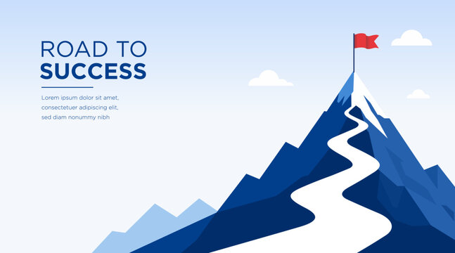 Road to success concept with a winding path leading up to a red flag on a mountain peak. Vector illustration for business banner, presentation template, goal achievement, and leadership challenge