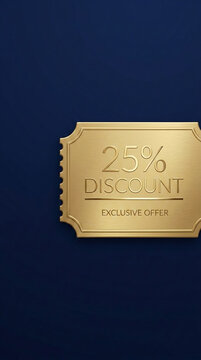 Golden ticket with "25% DISCOUNT EXCLUSIVE OFFER", symbolizing a special promotion or deal against a dark blue background.