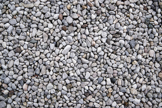 Full frame top view of abstract light grey gravel texture background with smooth river stone pebbles, small sea rocks pattern and seamless uniform lighting