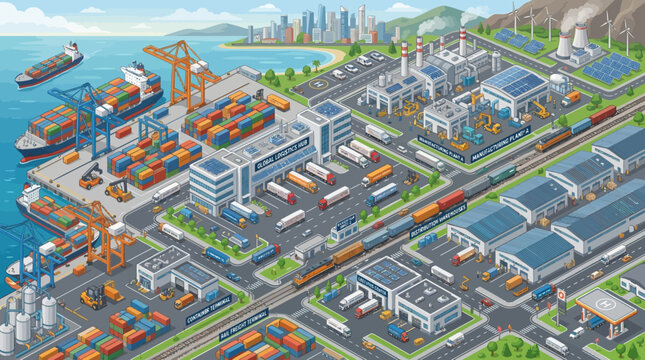 Isometric illustration of a modern industrial seaport and logistics hub.