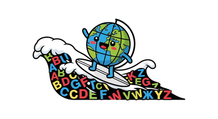 Obraz premium Globe surfing on alphabet wave.