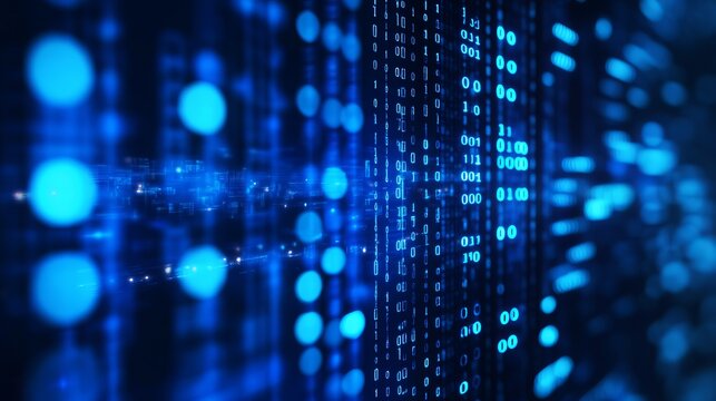 Glowing blue digital binary code streams flowing through cyberspace creating an abstract visualization of complex data processing and network information