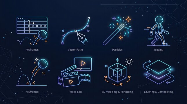 Set of neon icons for motion graphics and video editing