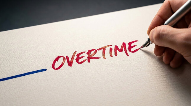 Hand writing the word OVERTIME in red ink on a textured white surface, symbolizing extra work and long hours