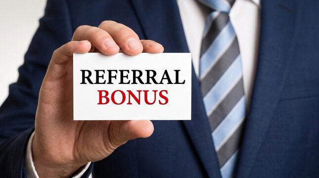 Hand in suit holding a card that says "Referral Bonus", symbolizing business growth and incentives