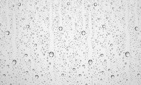 Realistic water drops on light grey glass background condensation texture vector illustration