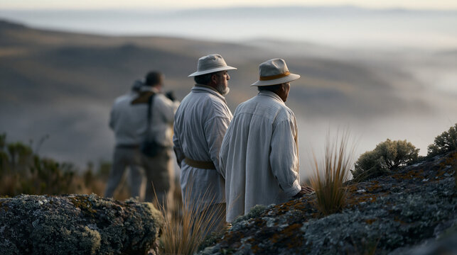 Archaeologists and local community elders standing together at a newly discovered petroglyph site, elders pointing to symbols on rock face while researchers photograph, early