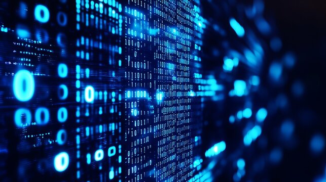 Glowing blue binary code numbers streaming across a dark digital screen to represent complex data processing and modern software development