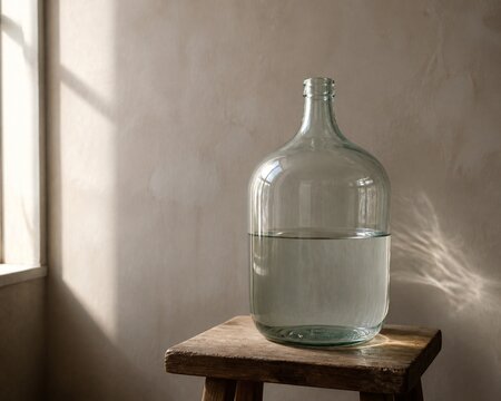 Glass carboy half-filled with water on wooden stool, pure hydration and natural simplicity concept.