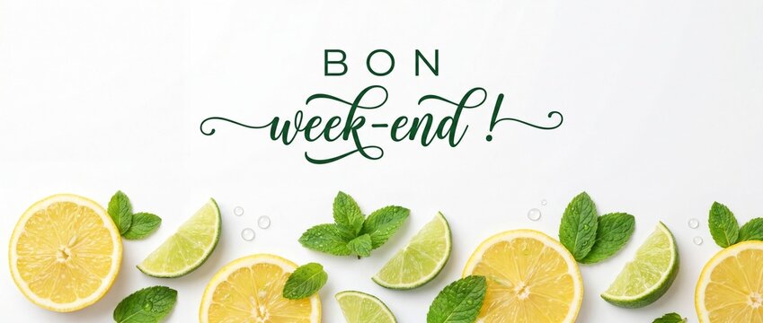 Bon Week-end Citrus Banner Background with fresh sliced lemons, limes, and green mint leaves on clean white tabletop with copy space. Horizontal fresh summer flat lay for holiday wishes decoration ide
