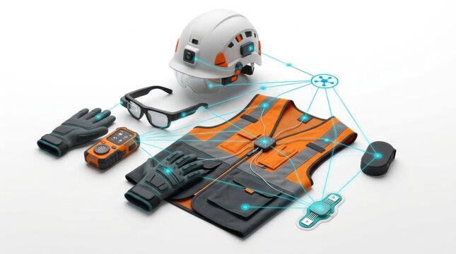 Wearable safety technology showcases smart personal protective equipment for industrial workers.