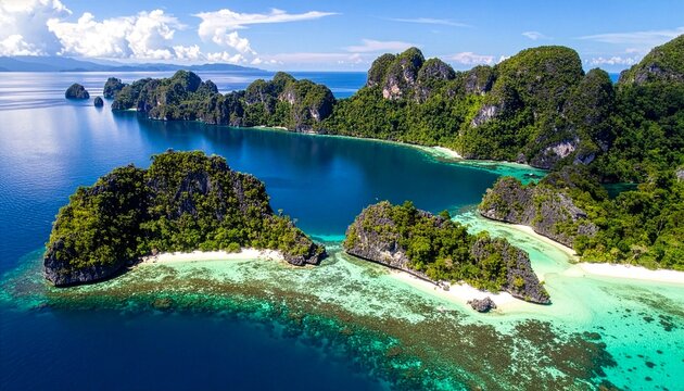 Turquoise waters cradle lush, rocky islands. White sands line hidden coves beneath green canopies. Clouds drift above, casting soft light over the scene. Birds glide above, unseen