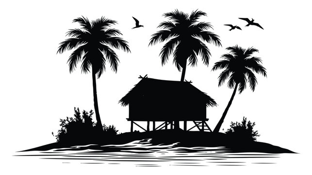 Island silhouette icon tropical hut with palm trees and ocean birds