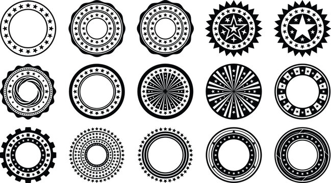 Vintage Round Stamp and Badge Vector Frames Collection with Star Ribbons, Gear Elements, and Blank Circular Borders for Certificate Logo Designs