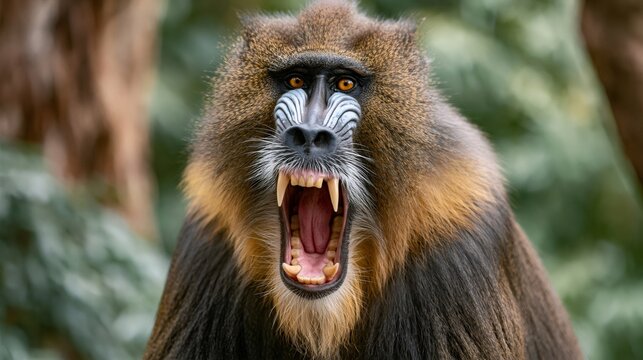 Mandrill monkey roaring aggressively showing fangs and teeth