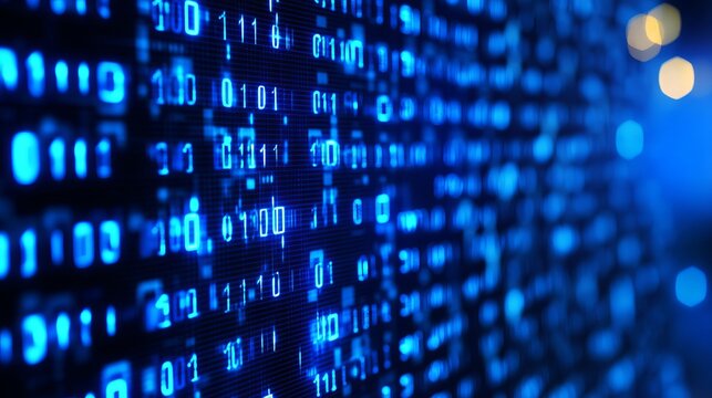 Bright blue digital binary code glowing on a dark screen representing complex computer programming data and advanced software development concepts