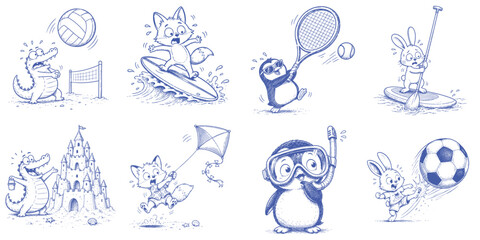 Fototapeta premium Funny Beach Sports Animal Collection with Volleyball Surfing Paddleboarding Sandcastle and Snorkeling Activities