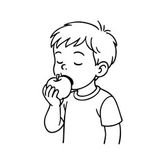 Logotipo estilo de vida saludable. Dibujo sencillo con líneas de un niño comiendo una manzana  © teracreonte